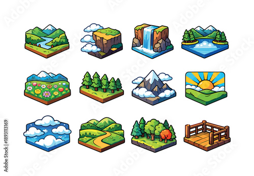 Colorful Scenic Icons. Scenic views. Colorful isometric vector icons set of scenic views: valley overlook, cliff edge, waterfall, lake reflection, flower