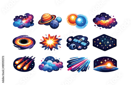 Colorful Space Icons. Outer Space. Colorful isometric vector icons set of Outer Space: deep space nebula, distant planets, binary stars, cosmic dust, black