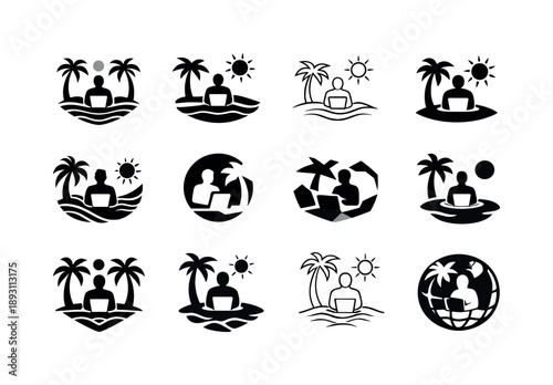 Entrepreneur Icon Set. Entrepreneur lifestyle. Icon set. Set Logo of Entrepreneur lifestyle: digital nomad working anywhere. harmonious logo variations of the