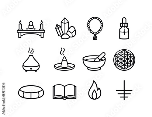 Spiritual Icons Outline. Spiritual Practice Space. Line icon set of Spiritual Practice Space: altar table, crystal stones, mala beads, essential oil bottle,