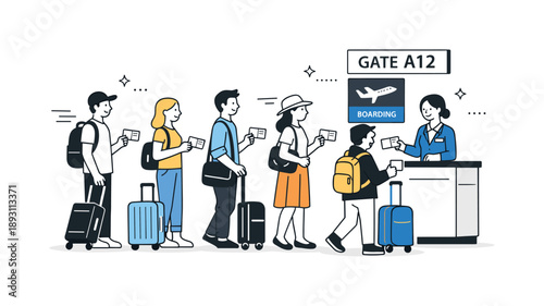 Calm Airport Boarding. Airport travelers boarding. Passengers lining up at the gate with boarding passes and carry-on bags, calm and orderly flow. Readiness,