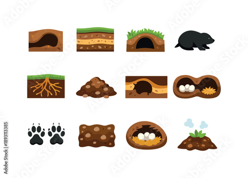 Colorful Burrow Icons. Burrow. Colorful flat vector icons set of Burrow: underground tunnel, soil layers, animal hole entrance, burrowing animal silhouette,