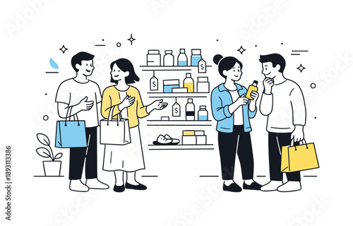 Friends Shopping Together. People shopping together. Friends browsing shelves in a modern store, relaxed conversation and shared decisions, shopping bags and
