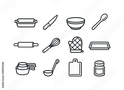 Holiday Cooking Icons. Holiday feasts. Line icon set of holiday cooking tools: roasting pan, carving knife, mixing bowl, wooden spoon, rolling pin, whisk, oven