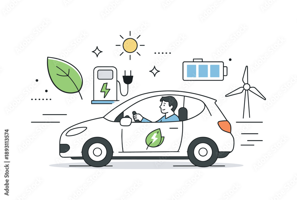 Naklejka premium Eco-friendly Vehicle Scene. Sustainable transportation. Driver using an electric vehicle for daily travel, eco-friendly choice and quiet efficiency. Abstract