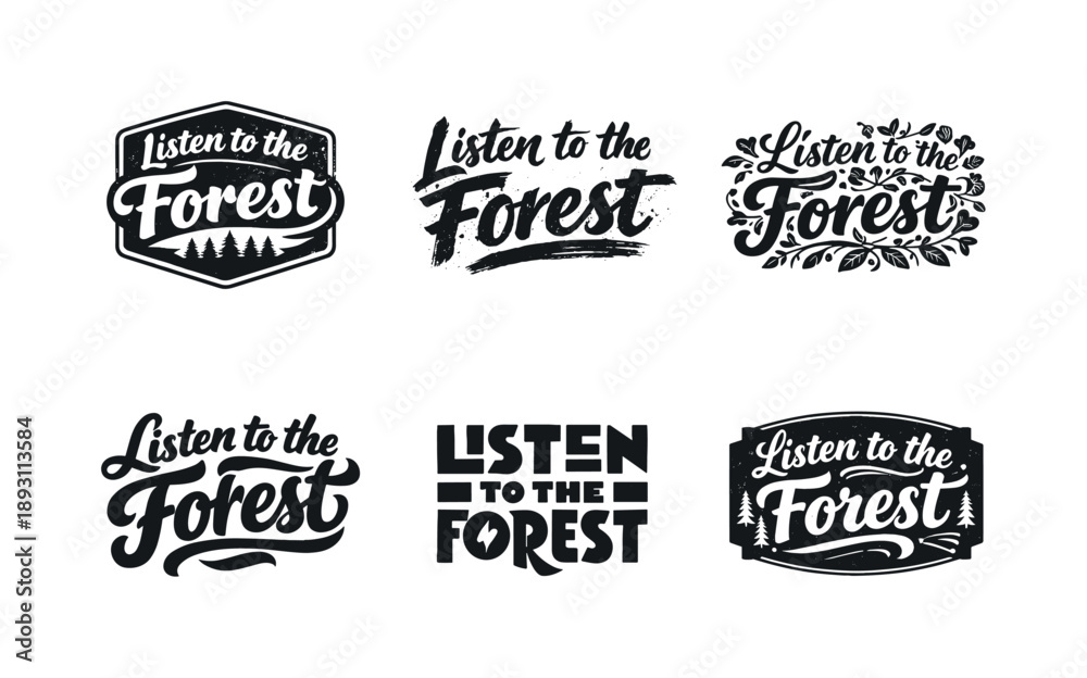 Fototapeta premium Forest Lettering Artistry. Listen to the Forest. Set lettering. harmonious lettering variations of the same emblematic concept, each with different artistic