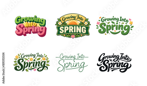 Spring Lettering Styles. Growing Into Spring. Set lettering. harmonious lettering variations of the same emblematic concept, each with different artistic