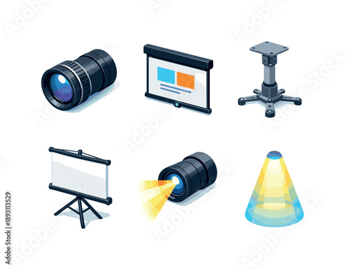 Isometric Projection Icons. Projection. Isometric flat vector icons set of Projection: projector lens unit, projected screen with title slide, screen mounting