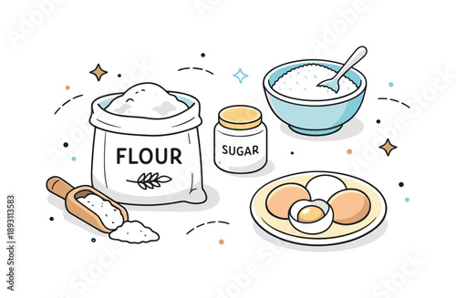 Baking Essentials Flat Lay. Flour sugar eggs flat lay. A clean overhead view of flour, sugar, and eggs arranged neatly on a kitchen surface. Calm baking