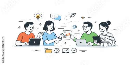 Team Collaboration Scene. Productivity team collaboration. Colleagues exchanging ideas and documents while working on laptops and tablets. Smooth workflow and