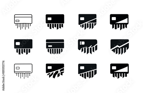 Credit Card Logo Variations. shredded credit card. Icon set. Set Logo of shredded credit card: credit card being shredded. harmonious logo variations of the
