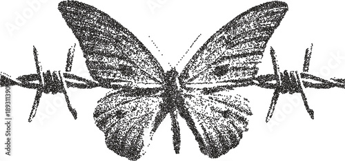 Butterfly retro y2k stipple design insect halftone brutalist urban vector png with clear background, wings 2000s photocopy grunge tattoo gen z effect