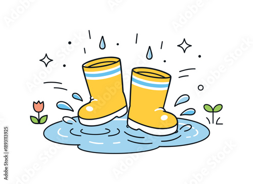 Rain Boots Splash. Spring Puddles and Rain Boots. Childlike rain boots splashing softly in a puddle, with small droplets and motion lines. Cheerful seasonal
