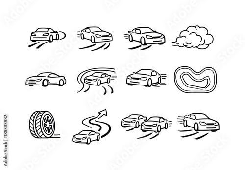Car Drift Iconography. Car drifting. Line icon set of Car drifting: drift initiation, oversteer control, counter steering, tire smoke cloud, racing coupe,