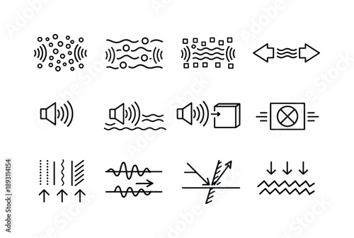 Sound Transmission Icons. Sound Through Medium. Line icon set of Sound Through Medium: air medium particles, water medium particles, solid medium particles,