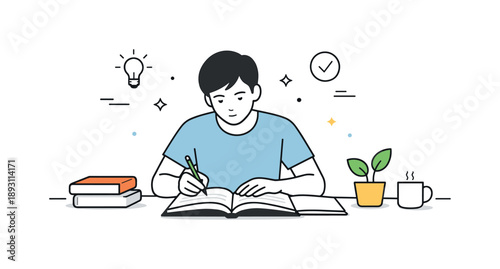 Focused Study Session. Focused studying. A person concentrating on reading and note-taking at a desk. Mental clarity and discipline expressed through minimal