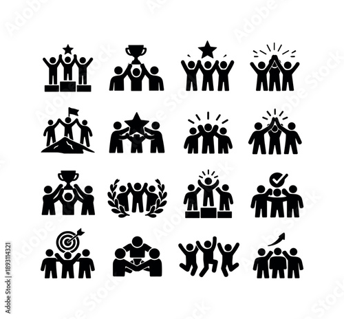 Team Success Icons. Team Success. Solid icon set of Team Success: collective success, teamwork victory, group achievement, shared success, united winners, team