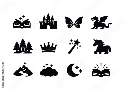 Fairy Tale Icons. Fairy tale time. Solid icon set of Fairy tale time: magic book, castle silhouette, fairy wings, dragon icon, enchanted forest, story crown,