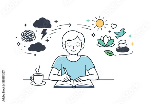 Calm and Balance Transformation. Mental health support self-care. A peaceful scene of a person journaling or breathing calmly, dark thought shapes slowly