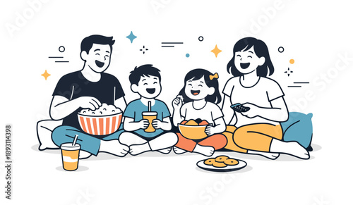 Warm Family Movie Night. Family movie night ritual. Children and adults sitting together, laughing and sharing snacks, with soft lighting and