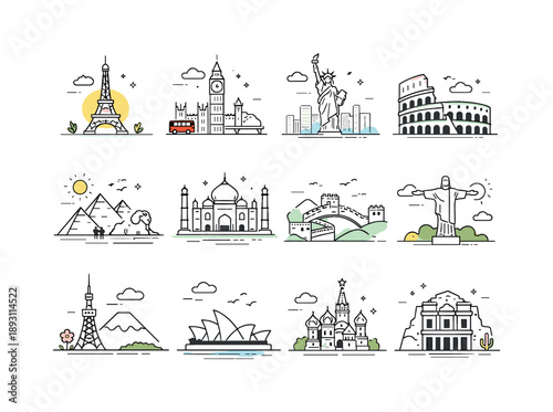 Minimalist Landmark Silhouettes. Landmark illustration pack. A clean collection of famous landmarks shown as simplified architectural silhouettes, evenly