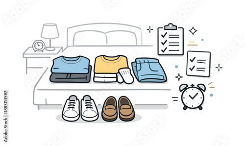 Organized Morning Wardrobe. Setting out clothes for the morning organization. A tidy bedroom scene with folded garments, shoes aligned below, and simple