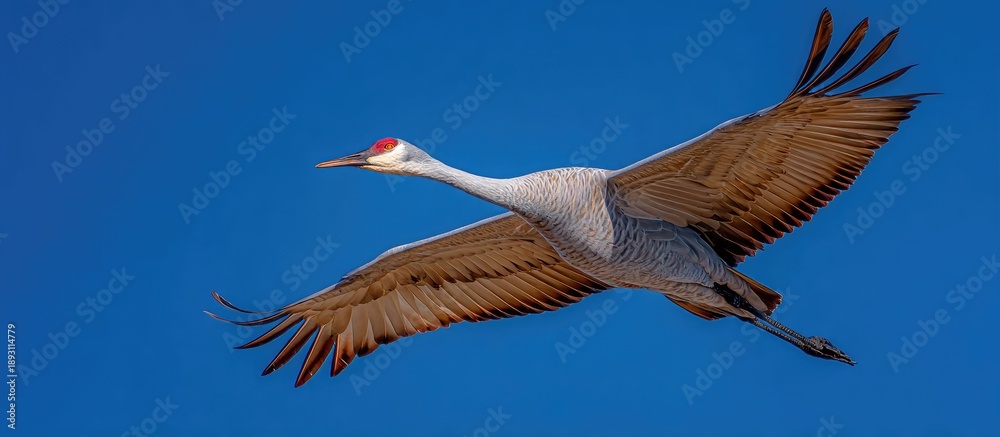 Fototapeta premium Majestic Sandhill Crane Flying Across Clear Blue Sky