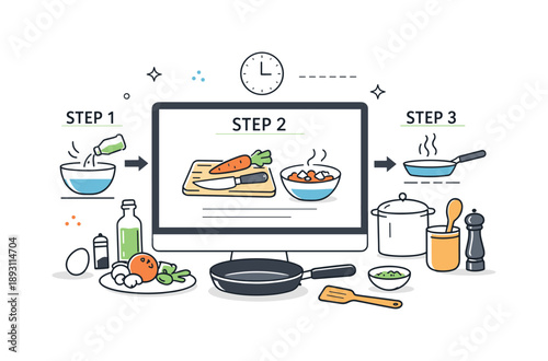 Modern Kitchen Instruction. Following a recipe on screen. An abstract kitchen scene with a screen, ingredients, and cooking utensils arranged around step