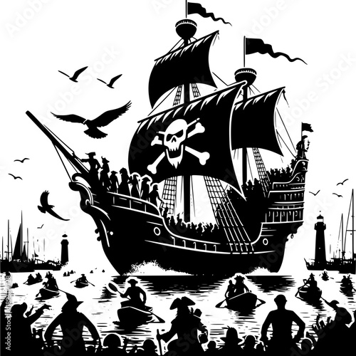 The Pirate Ship's Arrival: A classic depiction of a pirate ship sailing into port, with silhouettes of sailors, surrounding boats, and onlookers.