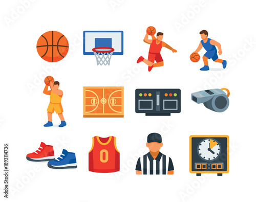 Basketball Vector Icons. Basketball. Colorful flat vector icons set of basketball: basketball ball, basketball hoop, slam dunk, dribbling player, jump shot,