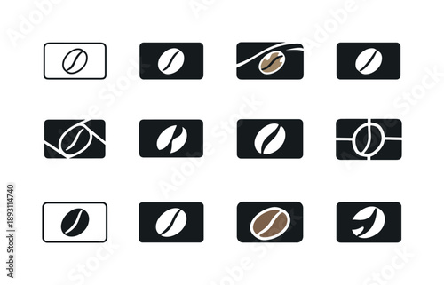 Coffee Logo Variety. Coffee loyalty card. Icon set. Set Logo of Coffee loyalty card: coffee bean stamp inside card shape. harmonious logo variations of the