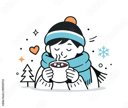 Winter Hot Chocolate Bliss. Drinking hot chocolate winter mood. Person wrapped in a scarf enjoying a hot drink. Feeling of warmth and seasonal comfort.