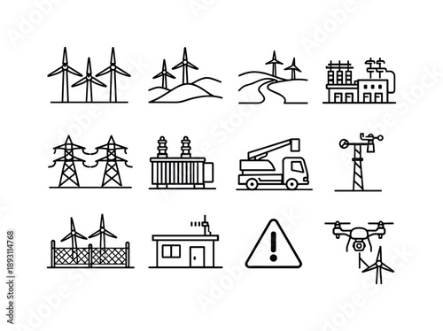Wind Farm Icons. Wind Farm. Line icon set of Wind Farm: multiple wind turbines, landscape hills, access road, substation, power cables, transformer,