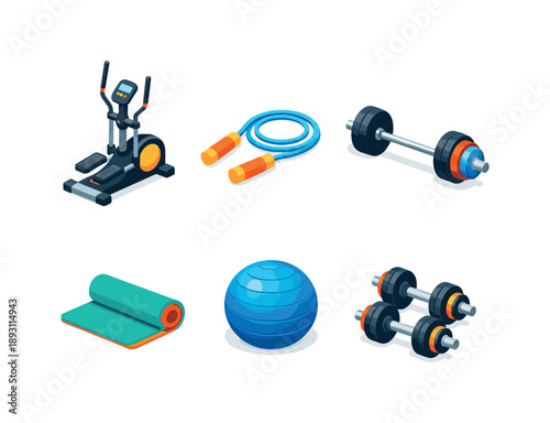 Isometric Gym Icons Grid. Gym setup. Isometric flat vector icons set of gym setup: elliptical trainer, jump rope, barbell with plates, gym mat, balance ball,