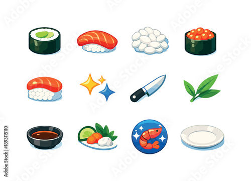 Fresh Sushi Icons. Fresh Sushi. Colorful flat vector icons set of Fresh Sushi: avocado roll, fish fillet, rice texture, seaweed wrap, glossy sushi roll,