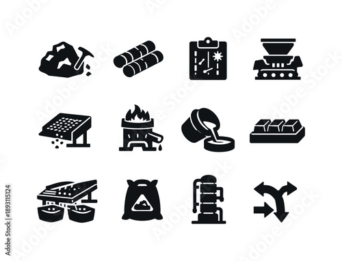 Mineral Extraction Icons. Resource extraction processes. Solid icon set of resource extraction processes: ore sample, drill core, blast plan sheet, crushing