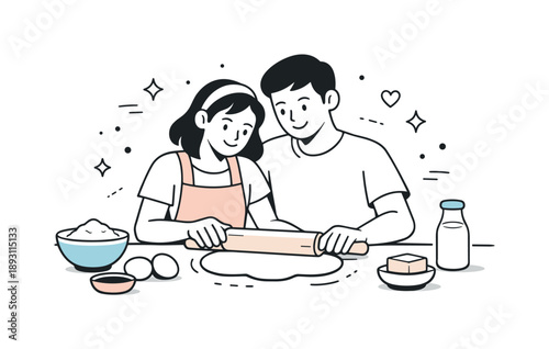 Baking Harmony. Sweet homemade baking. A couple sharing a quiet baking moment, dough, rolling pin, and ingredients placed simply, soft mood of care and