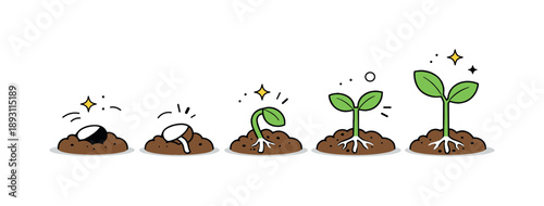 Seed to Sprout. Seed to plant growth cycle. A small seed rests in soil and begins to sprout, showing the first roots and leaves emerging. Calm natural process,