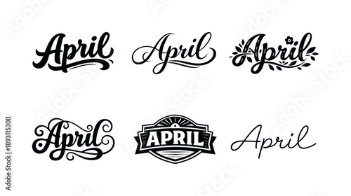 April Lettering Styles. April card. Set lettering. harmonious lettering variations of the same emblematic concept, each with different artistic interpretation