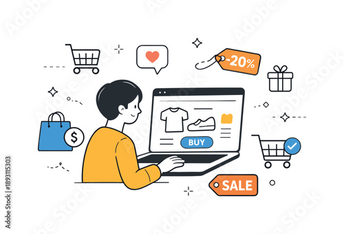 Ecommerce Experience Illustration. Ecommerce workflow illustration. Minimal person browsing a website with shopping icons, discount tags, and carts floating