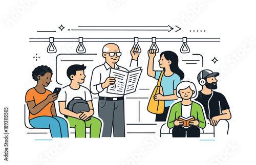 Metro Journey Harmony. Metro ride moment. Diverse passengers traveling together, simple gestures and neutral emotions conveying routine and flow. Clean