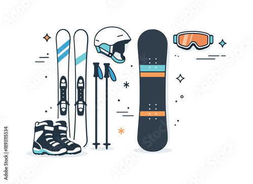 Winter Sports Equipment. Winter sports equipment set. A clean layout of skis, snowboard, helmet, goggles, and boots arranged with light shadows. Clear visual