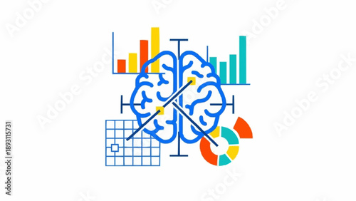Brain with colorful business graphs charts.