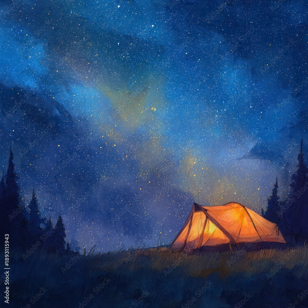 custom made wallpaper toronto digitalOrange Tent Under Sparkling Milky Way at Night Camping Illustration