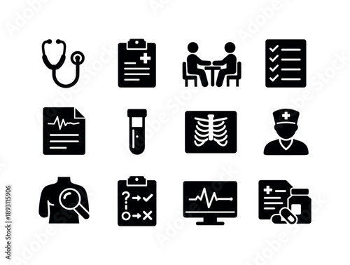 Medical Diagnosis Icons. Medical diagnosis process. Solid icon set of Medical diagnosis process: stethoscope icon, medical chart, patient consultation, symptom