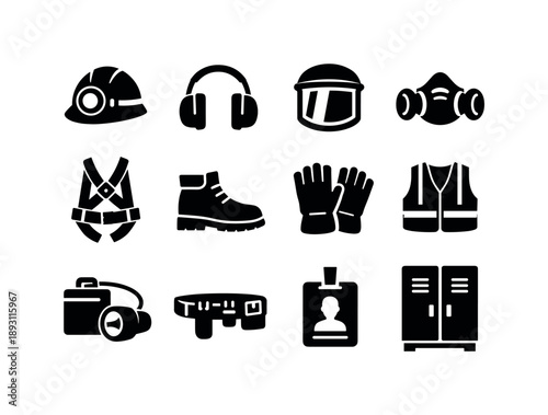 Mine Safety Gear Icons. Mine worker safety equipment. Solid icon set of Mine worker safety equipment: miner helmet lamp, ear protection, face shield, dust