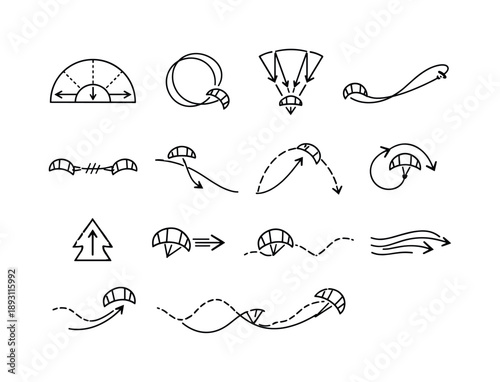 Kite Motion Icons. Kite motion symbols. Line icon set of Kite motion symbols: wind window arc, kite loop, power zone, depower line, tension diagram, glide