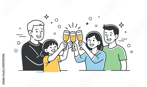 Joyful Family Toast. Family toasting with sparkling juice celebration. Family standing together smiling and raising glasses. Joyful togetherness and positive