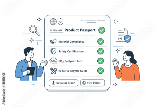 Product Passport Interface. Digital compliance and regulation. A product passport interface shown with checkmarks and approval icons. The mood feels