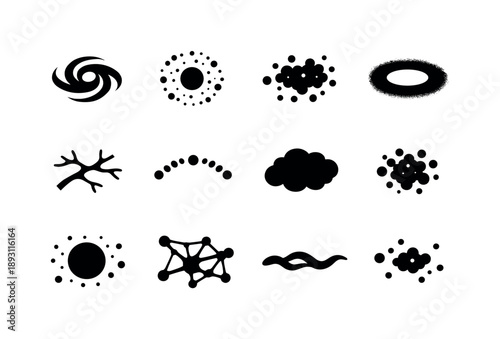 Cosmic Structure Icons. Cosmic structures. Solid icon set of Cosmic structures: spiral arms, galactic halo, interstellar dust, dark matter ring, galactic
